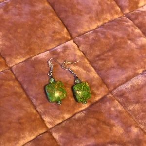 Premier earrings, green stone and bead.